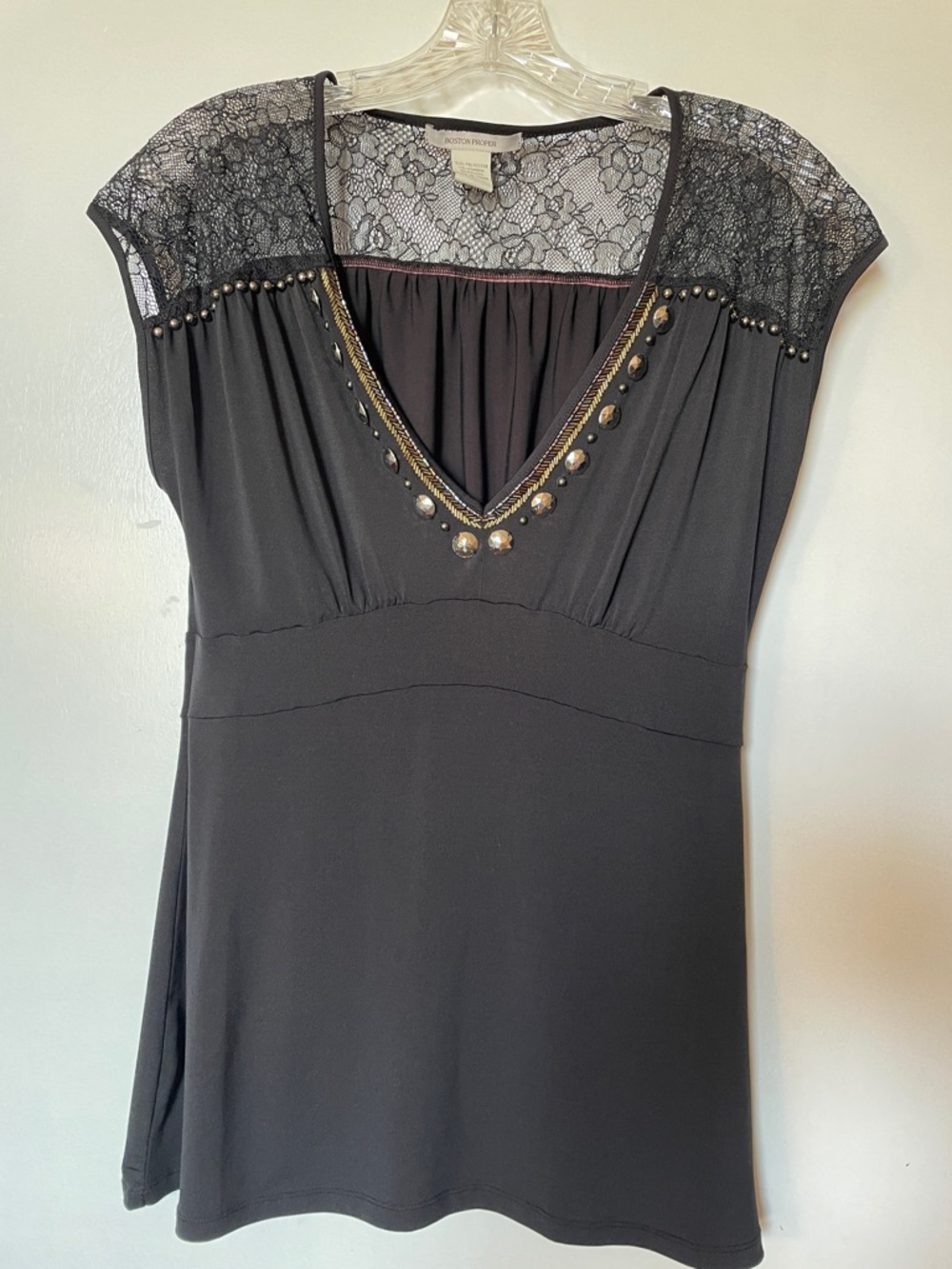 Boston Proper Black Lace Overlay Top with Stud Accent